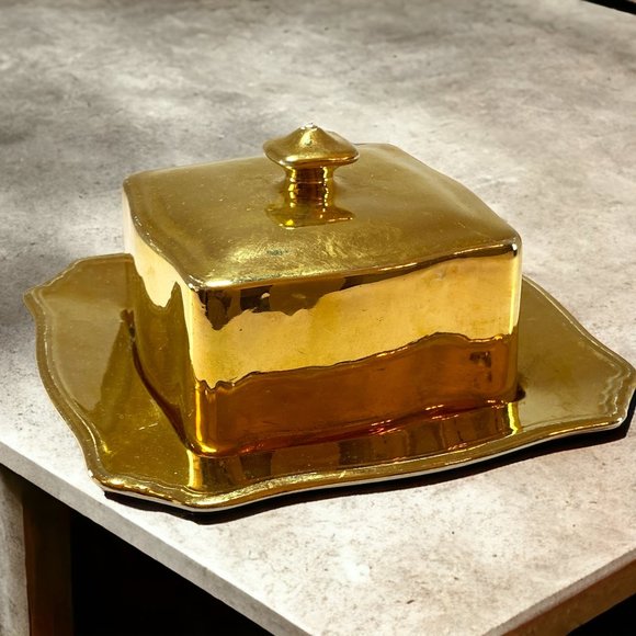 Royal Winton Golden Age Grimwades Butter or Cheese Dish with Cover Gold Tone - Picture 1 of 9